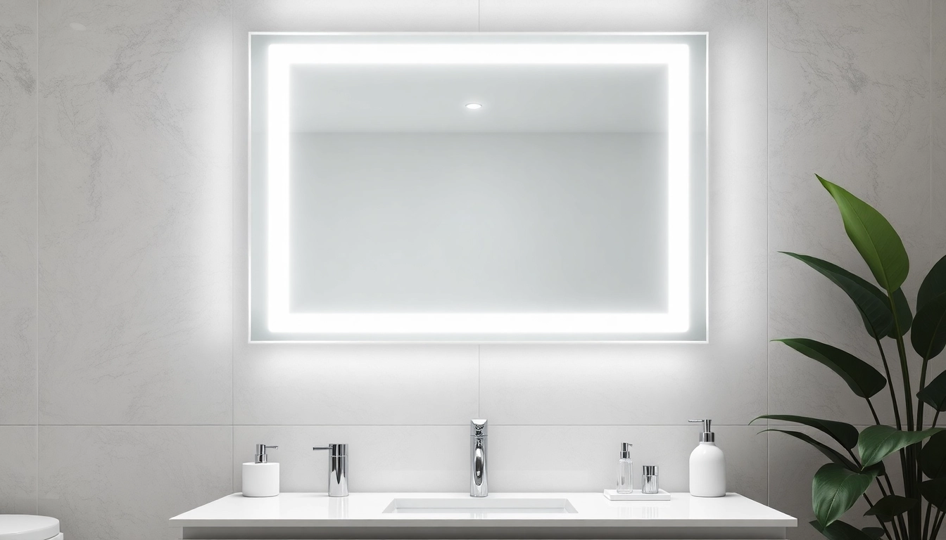Display a bright led bathroom mirror above a stylish vanity with modern decor.