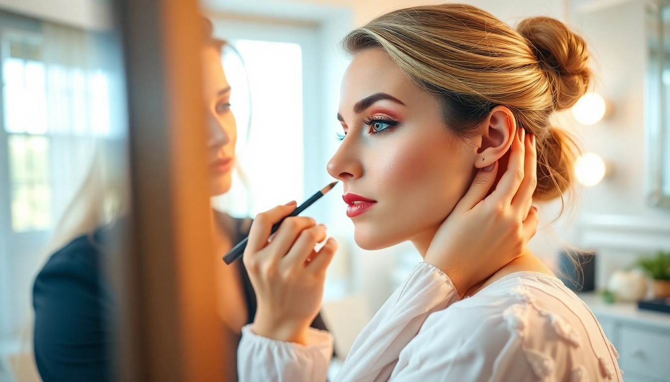 Expert HD makeup application Dallas in a bright, elegant studio with vibrant colors.