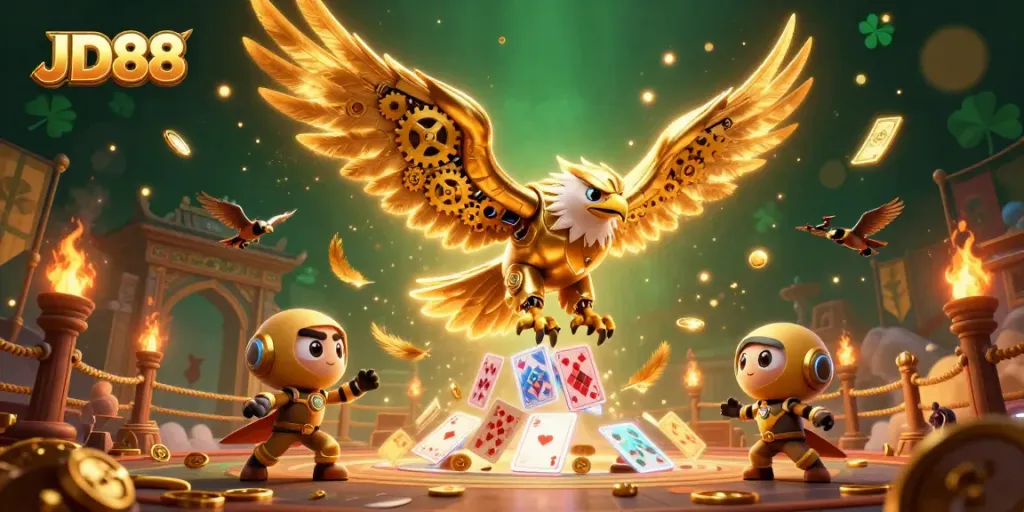 JD88 online casino showcasing a 3D cartoon golden eagle amid holographic playing cards and coins