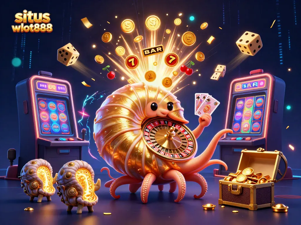 Gambarkan pengalaman bermain di situs wslot888 dengan mesin slot besar, kerang nautilus, dan lampu neon.