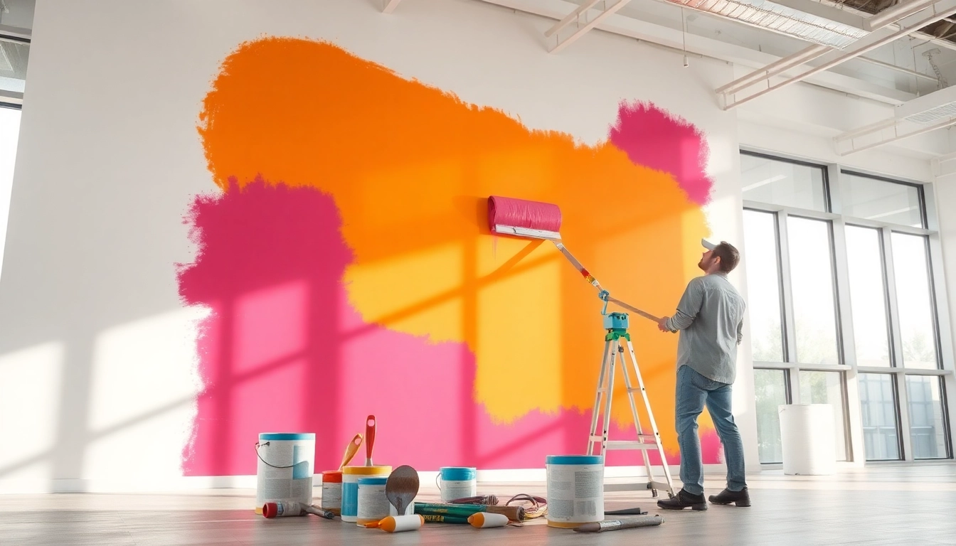 Commercial painter applying vibrant paint on an office wall, showcasing professional artistry.