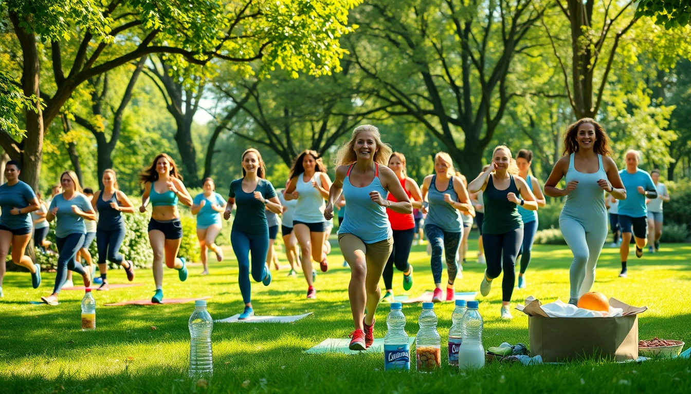Dynamic scene illustrating the concepts of Fitness and Nutrition through community exercise.