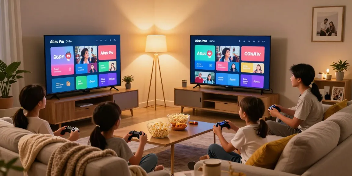 Family enjoying streaming Atlas Pro ONTV in their cozy living room during evening.