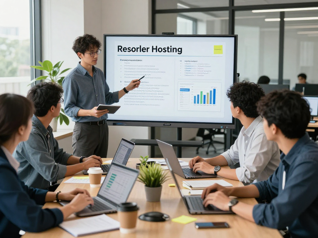 Colaboración en equipo sobre servicios de reseller hosting en oficina moderna, mostrando laptops y gráficos.