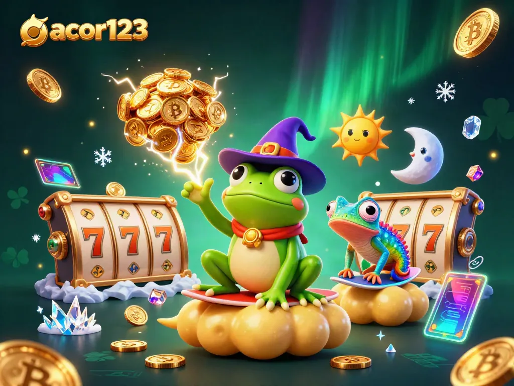 Win big with gacor123 as a wizard frog creates a golden storm, surrounded by vibrant slot elements.