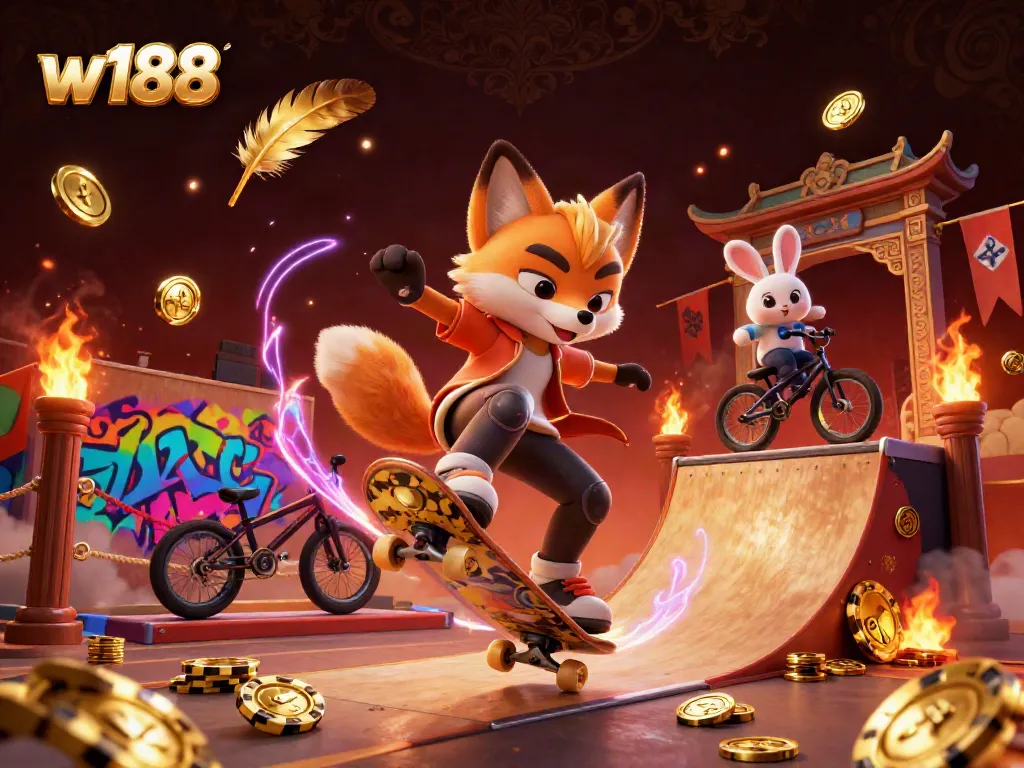 w188 showcases a vibrant 3D scene with a skateboarder fox and BMX rabbit amidst casino elements, highlighting exciting betting action.