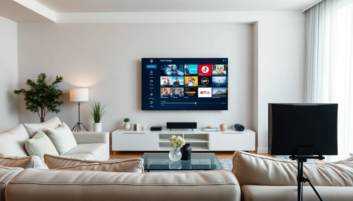 Watch vibrant channels with free trial iptv in a stylish modern living room setting.