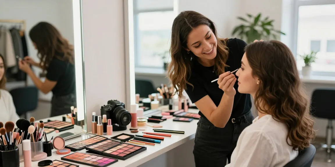 Trucco personalizzato in studio di bellezza, con artista che applica make-up su cliente sorridente.