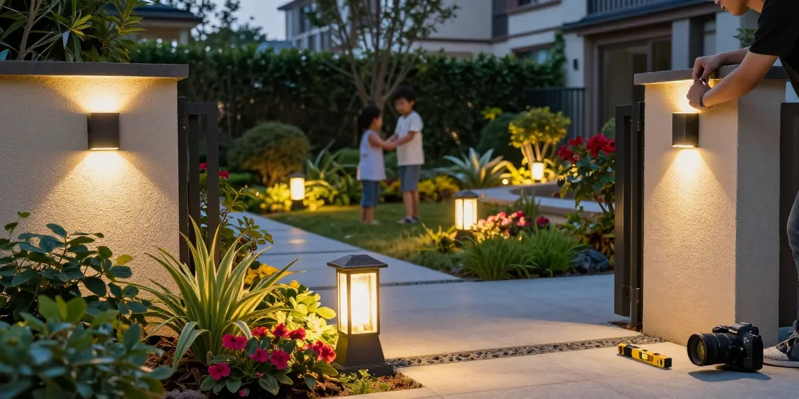 Aplica LED exterior instalată în grădină modernă, luminând plante și flori.