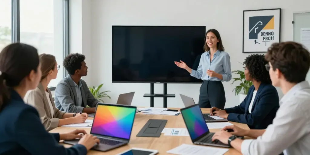 Team in a corporate meeting discussing Deepfake free meetings strategies in a professional setting