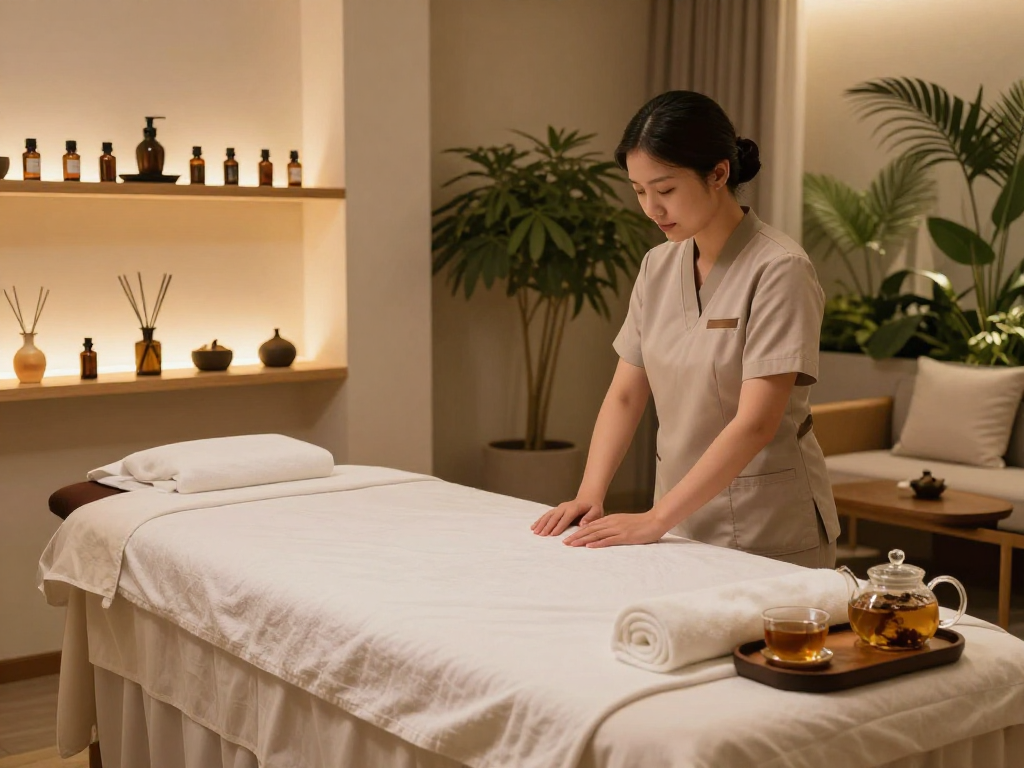 Experience a premium spa atmosphere with mantra88 login in a tranquil massage studio featuring a therapist preparing soothing aromatherapy treatments.