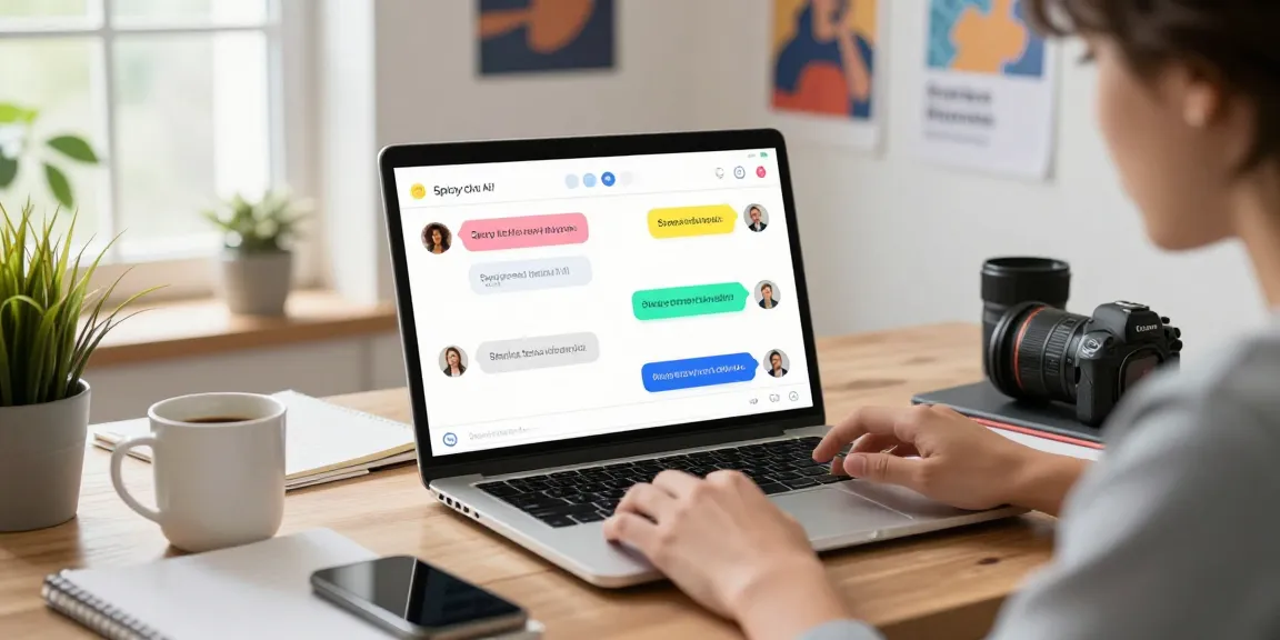 User engaging with spicy chat AI technology on a modern laptop in a bright workspace.