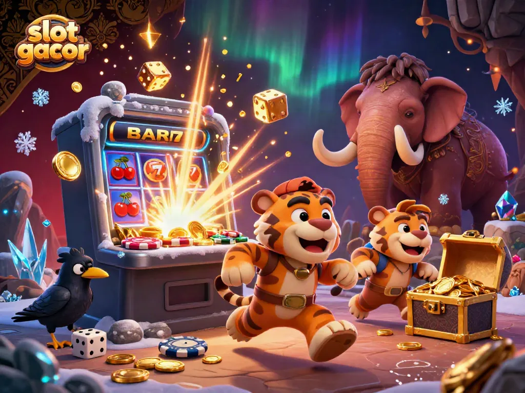 Engage in thrilling gameplay on slot gacor at a lively prehistoric casino, featuring vibrant characters and rich visuals.