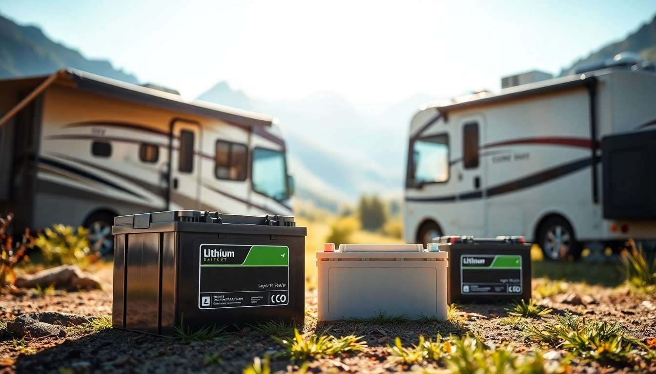 Showcase of reliable lithium RV batteries for camping showcased alongside a modern RV in nature.