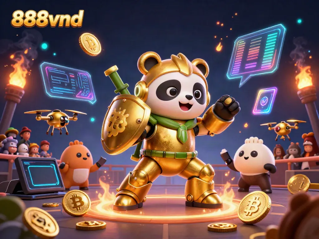 Experience thrilling gaming at 888vnd's vibrant animated scene with the golden panda and exciting elements.