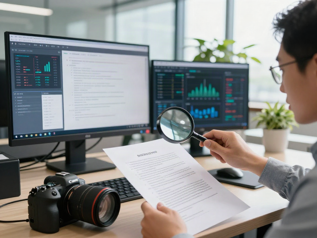 Expert analyzing document fraud detection tools in a modern office environment to uncover fraudulent activities.