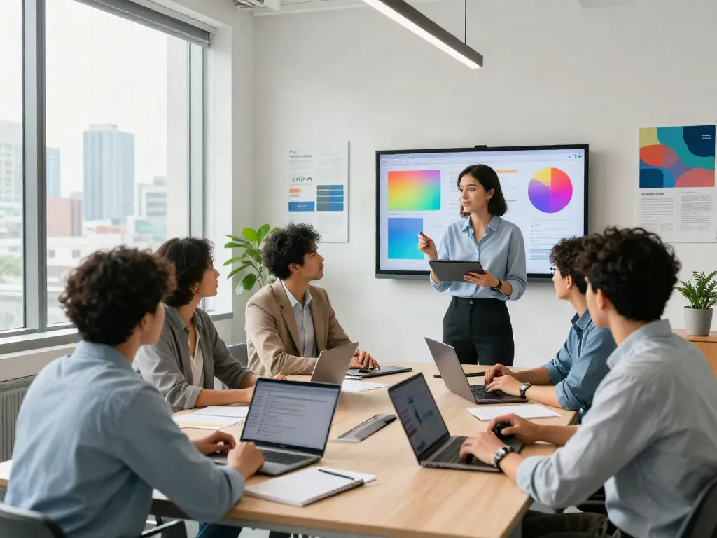 Professional collaboration in a modern office meeting room featuring diverse team engaging with data and strategies during a presentation.