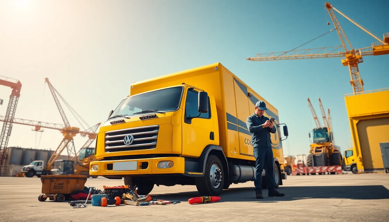 Offering mobile equipment service through professional mechanics with tools at an industrial site.