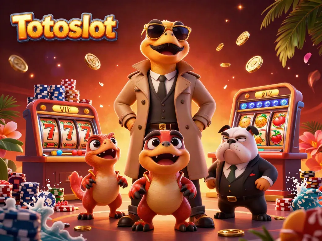 Raptors berpura-pura masuk ke lounge VIP Totoslot dengan simbol keberuntungan dan suasana tropis.