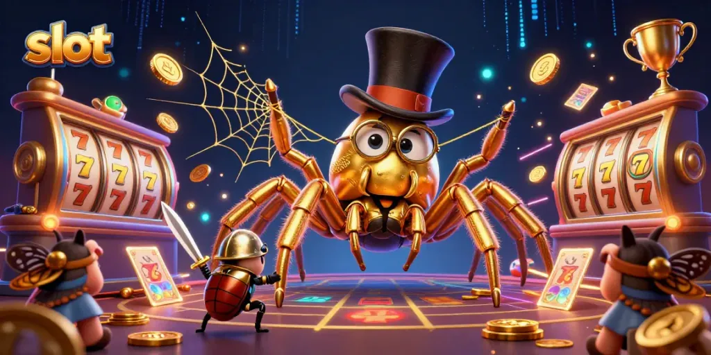 Engage with thrilling slot experiences featuring a golden tarantula in a casino scene.