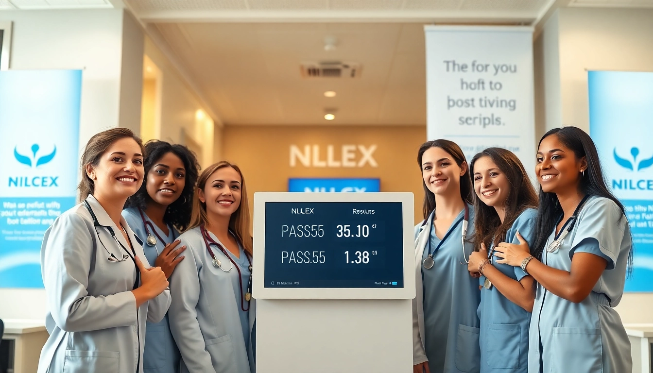 Candidates checking Past Nclex fast results in a bright testing center.
