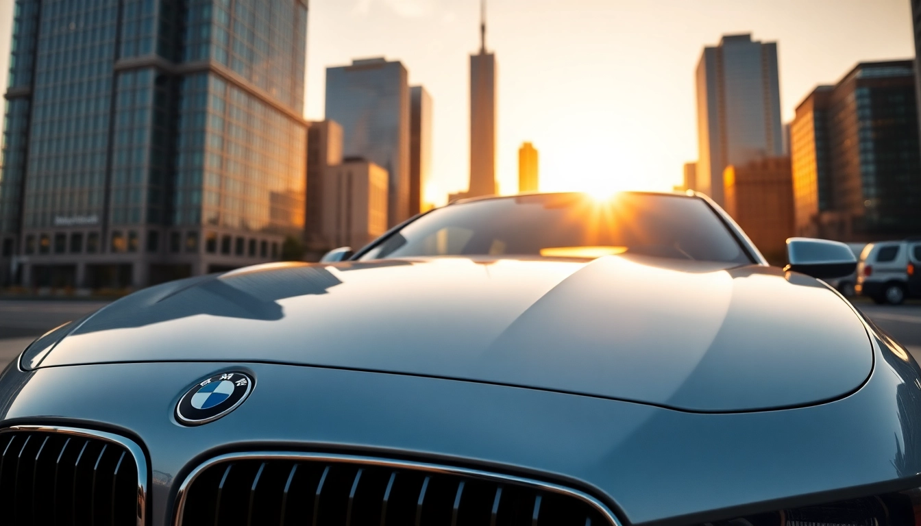 Elegant Luxury BMW car displayed against an urban sunset backdrop, highlighting its design.