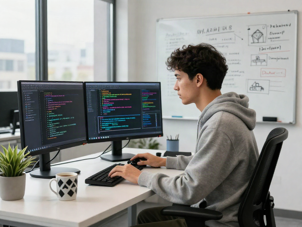AI developer focused on algorithms in a modern workspace, exploring crush on ai technology in a professional environment.