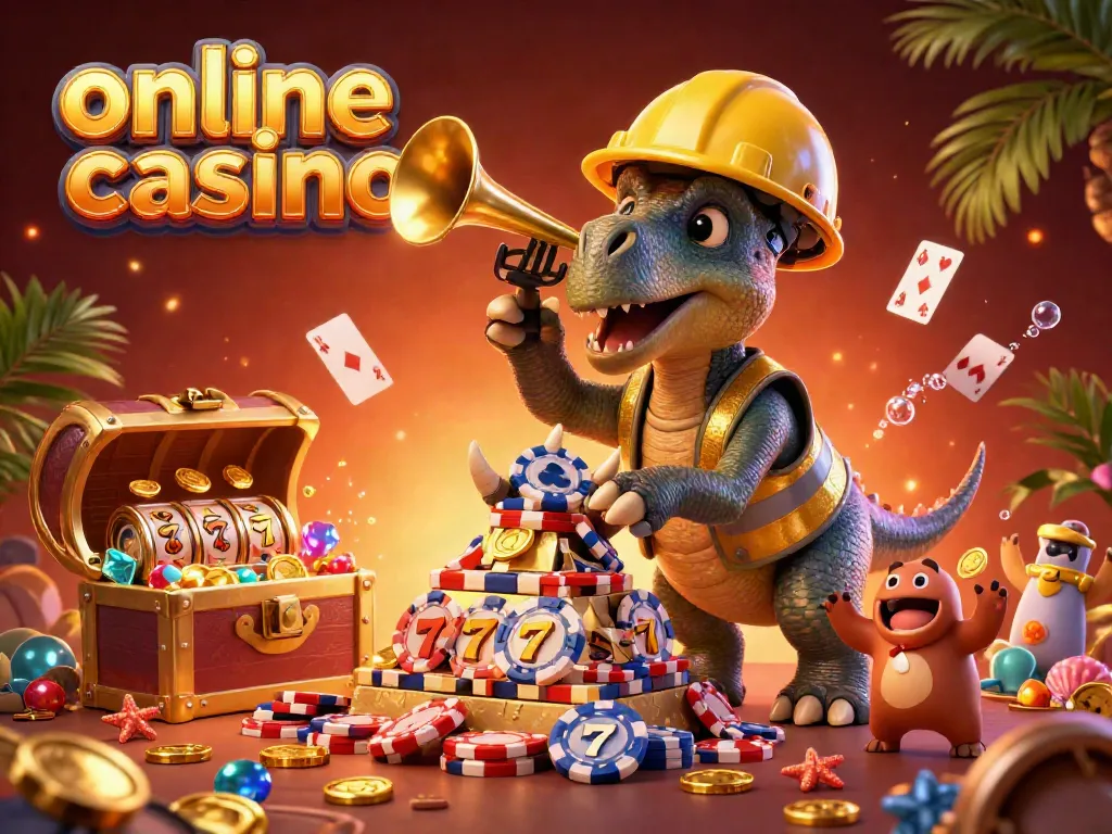 Engage with online casino excitement featuring a triceratops building poker chips and a parasaurolophus celebrating.