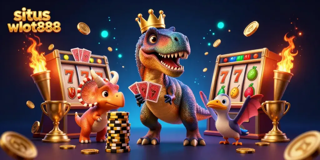 Gambarlah situs wslot888 dengan karakter T-Rex humoris dan elemen kasino berkilau.