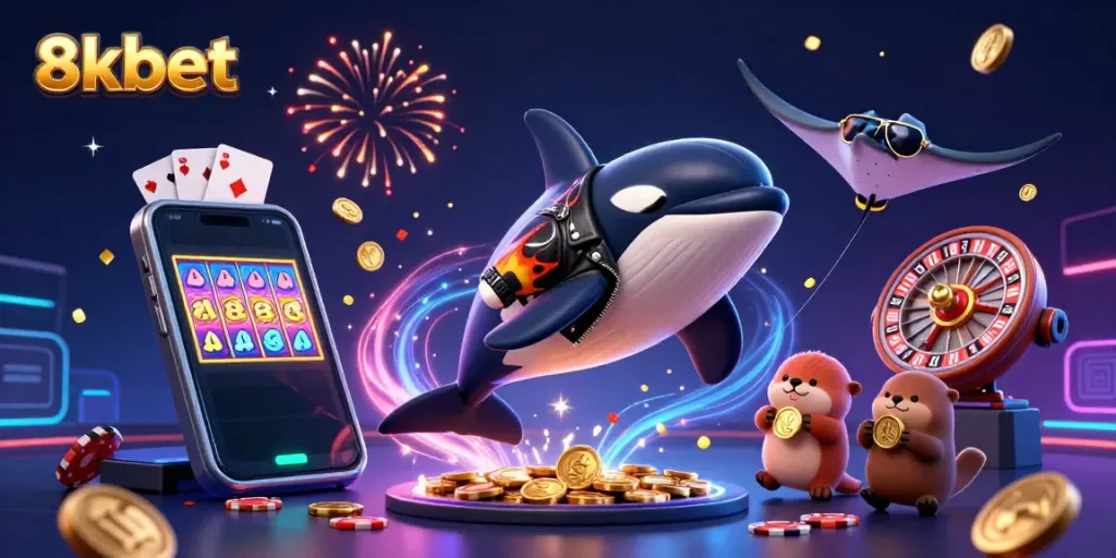 Experience thrilling casino action with 8xbet in vibrant 3D as sea creatures celebrate while playing games.