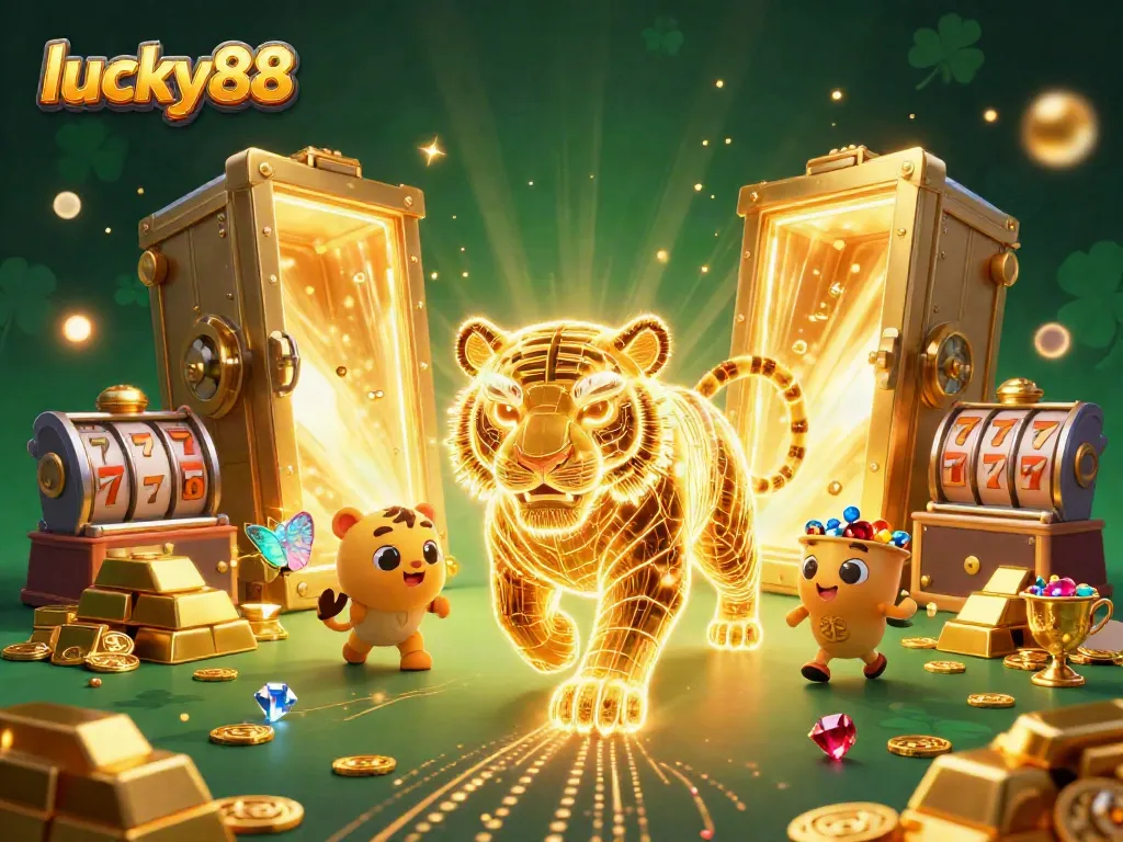 Experience thrilling gameplay at lucky88 with a neon wireframe tiger amidst rich casino treasures.