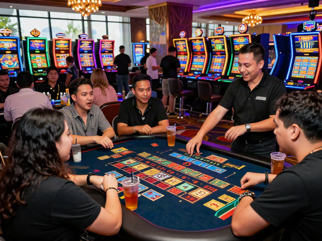 Toto togel players in an exciting casino environment with colorful tickets, vibrant lights, and a professional dealer managing the game.