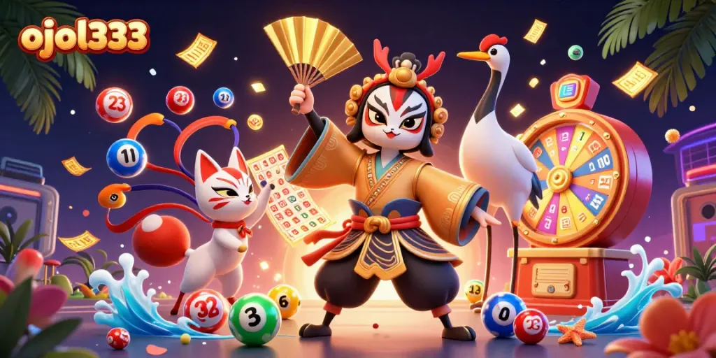 Engage with ojol333's dynamic gaming scene featuring vibrant lottery balls and colorful casino elements.