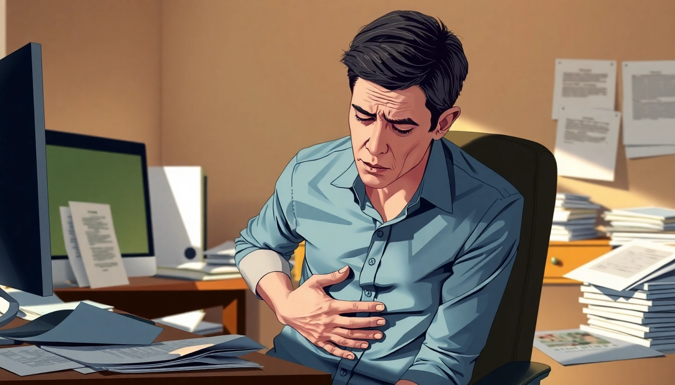 Anxiety stomach pain feels like tight knots; a person clutching their abdomen shows this discomfort.