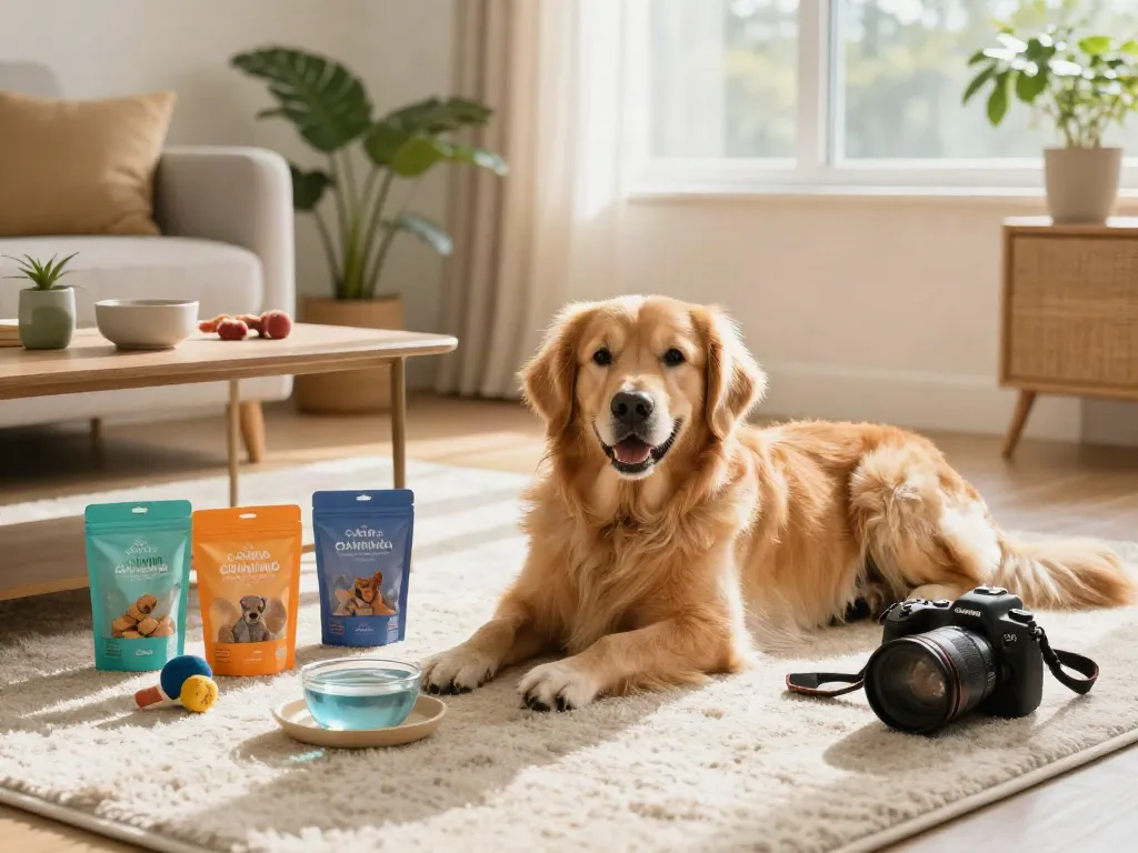Calming Dog Treats showcased in a cozy home setting with a relaxed golden retriever.