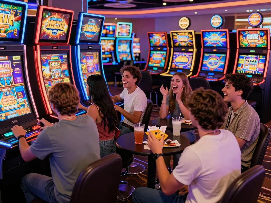 Suasana bermain slot777 di kasino dengan mesin slot berwarna-warni dan pemain yang bersemangat.