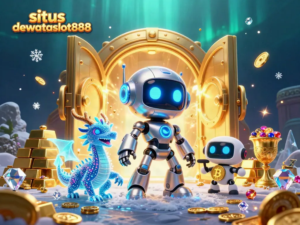 Jelajahi situs dewataslot888 dengan robot cyberpunk dan naga holografik bersama tumpukan harta karun berkilau.