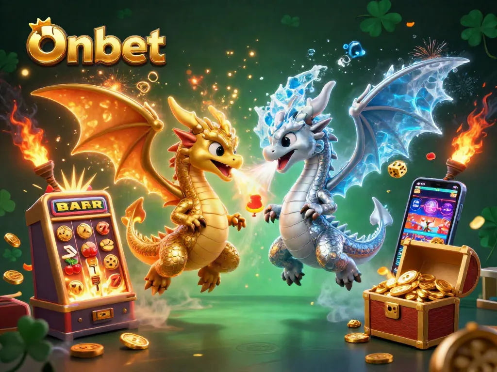 Experience Onbet's thrilling gaming with a dynamic dragon scene amidst slot jackpots and excitement.