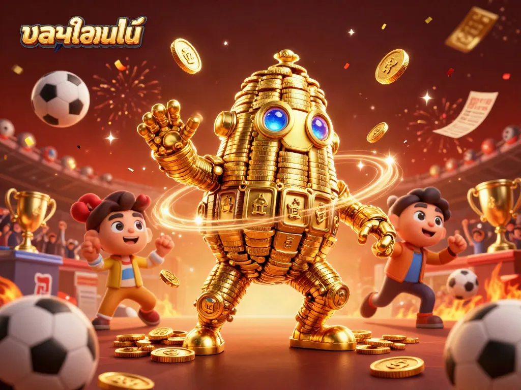 Join the thrill of online betting with บอลออนไลน์, featuring a golden golem and dynamic sports elements.
