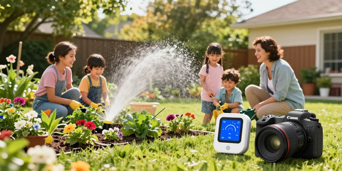 Family using a smart sprinkler in a vibrant garden to efficiently water their plants and vegetables.