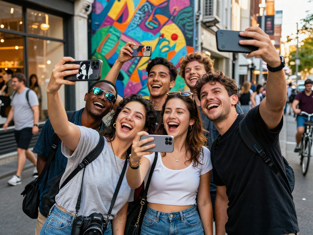 Group of friends discovering their celebrity look alike on a smartphone app in a vibrant urban setting.