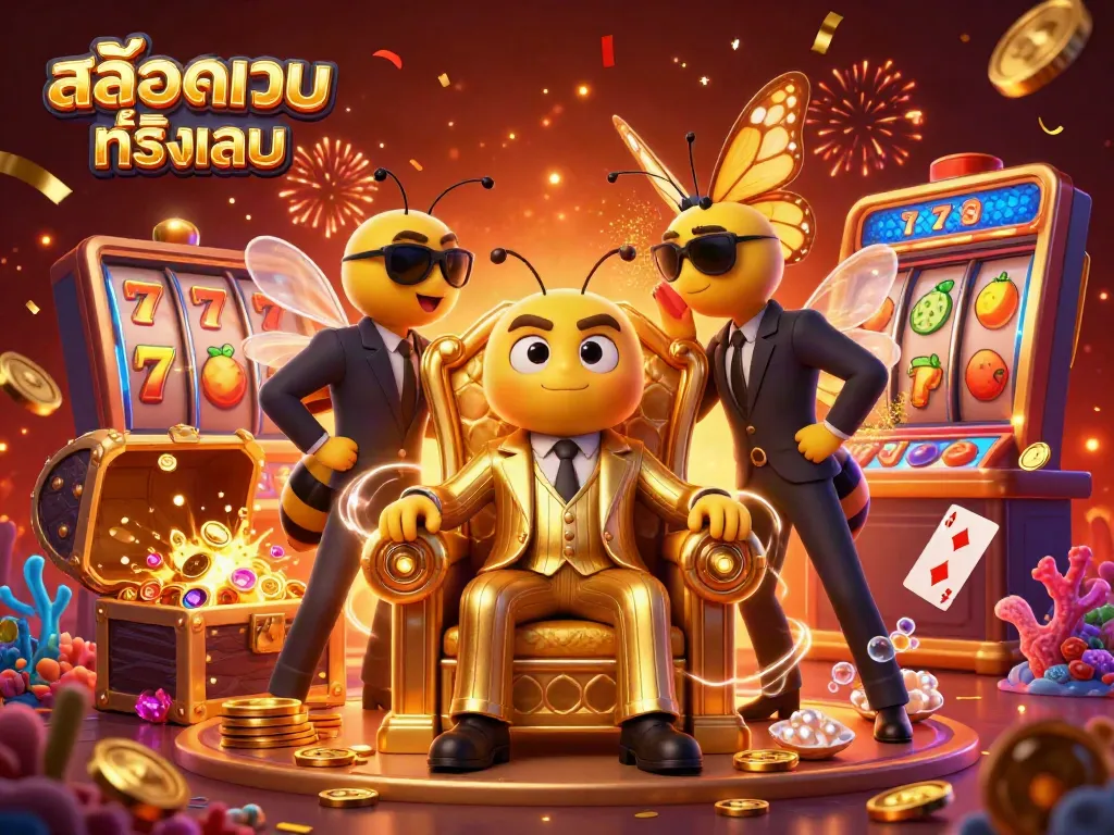 Experience excitement in สล็อตเว็บตรงทั้งหมด as cartoon characters celebrate with slots, treasure, and casino elements.